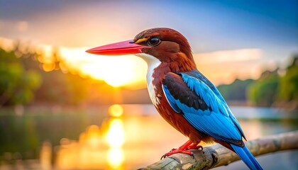 Colorful bird perched at sunset