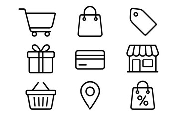 Shopping & e-commerce line icon set. Retail, sale & online store symbols. Contains cart, basket, bag, price tag, gift, credit card, shop front, location pin, discount icons.