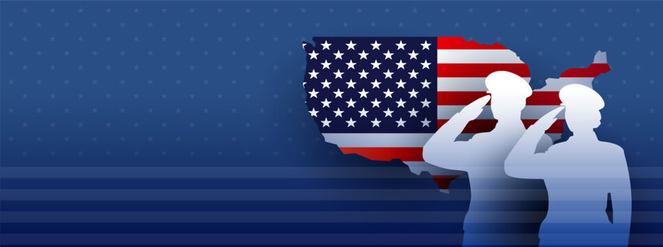 US Armed Forces military blue background - saluting officers silhouette and USA flag
