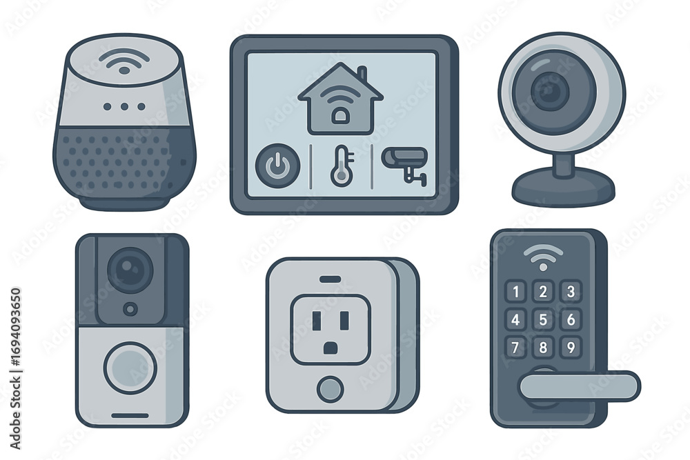 Aufkleber smart home devices icon set illustrating home automation and security system use. vector collection 