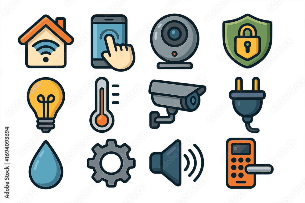 Poster smart home technology icon set for automation and security systems. vector collection of internet of