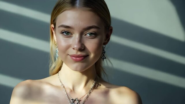 Close up video of a young woman wearing Star of David necklace and earrings, subtle smile and expressive eyes with natural light, fashion jewelry and spiritual accessory concept for lifestyle and beau