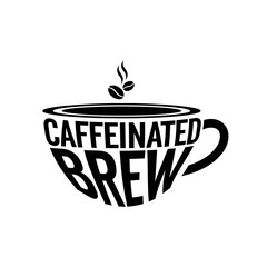 A clever typographic logo for 'Caffeinated Brew' where the text forms the shape of a coffee cup with steaming beans.