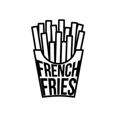 Stylized black and white illustration of a carton filled with french fries, featuring the words 