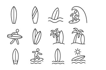 Surfing and summer beach vacation line icon set. Surfer on wave, surfboard, palm tree, and sun outline icons. Minimalist water sport vector symbols with editable stroke.