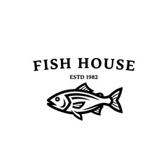 Vintage logo for a fish restaurant, featuring a stylized fish illustration.