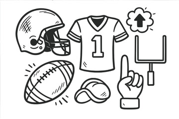American football icon set, hand drawn vector doodle collection. Cartoon sport sketch illustration elements: helmet, jersey, ball, goal post, foam finger, cap, touchdown symbol.