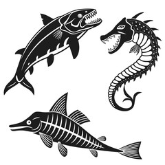 Ancient sea creatures silhouettes prehistoric fish