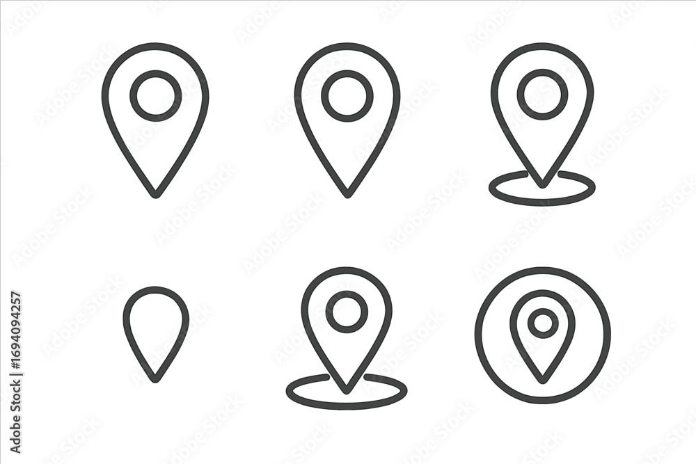 Poster map pin line icon set. location marker, destination pointer, gps navigation symbols. minimal outline
