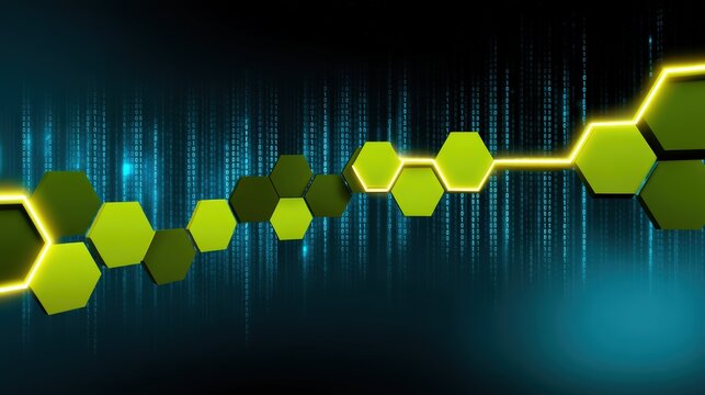 High-contrast blockchain visual with neon lime green Ethereum and Solana outlines, matrix code rain texture, glowing cyber hexagons, deep blue and black color scheme.