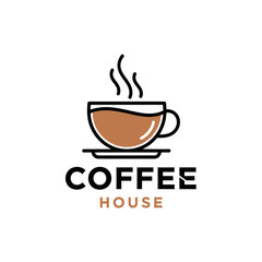 Minimalist logo design featuring a steaming cup of coffee on a saucer, with the words 