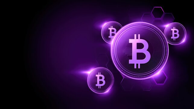 Dark futuristic background with neon violet Bitcoin and Solana symbols, matrix code rain texture, light particles, cyber hexagons, black and electric purple palette.
