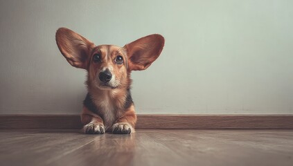A curious dog with large ears, gazing intently, sits on a light-toned wooden floor in front of a pale wall, exuding a sense of playful wonder.