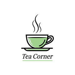 Simple line art logo of a teacup and saucer, with steam rising, and the text "Tea Corner".