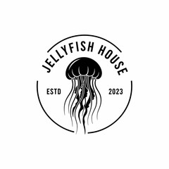 Black and white logo for a jellyfish themed business, featuring a jellyfish graphic within a circle.