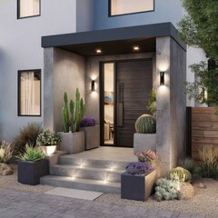 Modern concrete home entryway with desert landscaping and ambient lighting.  Stylish and inviting, the entryway features gray stone steps, modern planters, and exterior lighting.