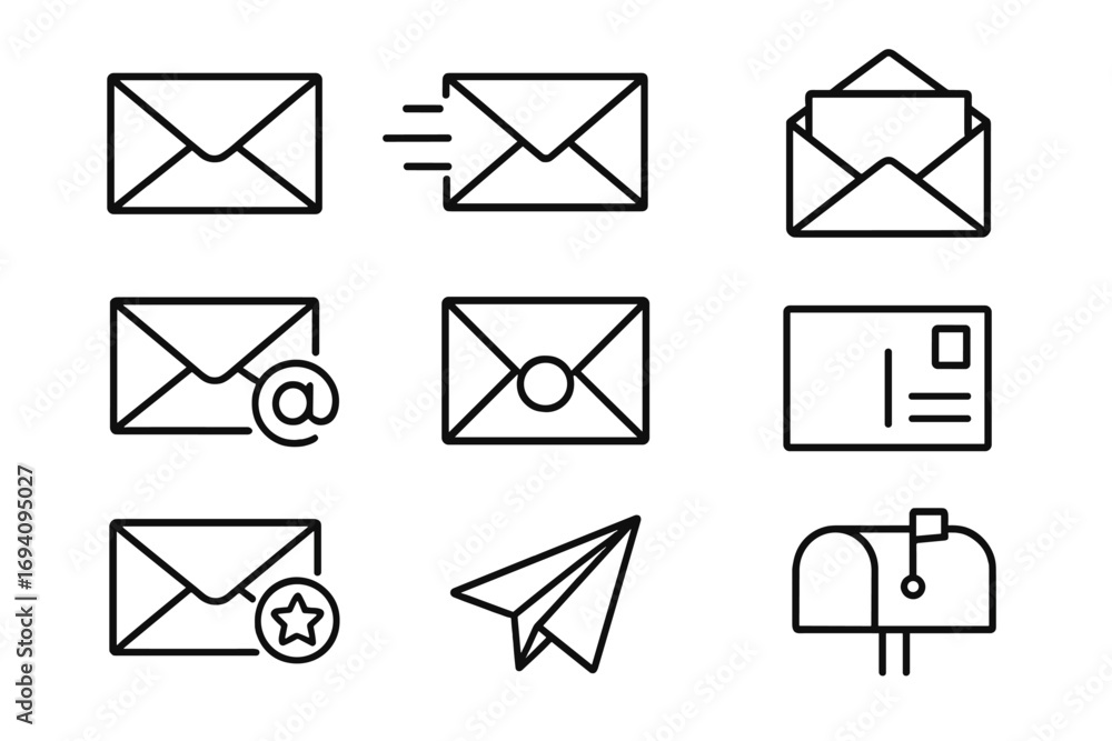 Poster vector set of mail communication line icons. envelope, email, postcard, send message, and mailbox sy