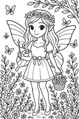 Fototapeta premium Enchanting fairy with flower crown and basket in a whimsical garden scene