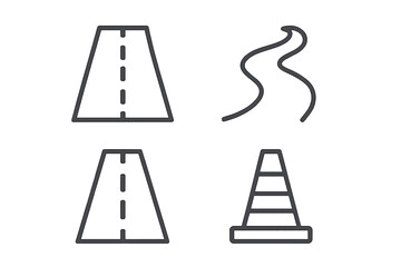 Road and Traffic Line Icon Set, Outline Highway, Curved Path, Traffic Cone Symbols for Signage, Web Design, Mobile Applications, Vector Illustration, Clear Transparent Background, Editable Elements