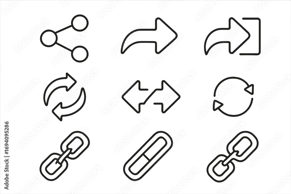 Poster share and link icon set for web and graphic design. vector line icons collection with ui ux elements