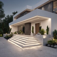 Modern, light-filled house exterior with illuminated steps and lush landscaping.