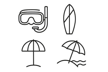Minimalist beach icon set featuring diving mask, snorkel, surfboard, beach umbrella, summer holiday outline symbols, seaside vacation line art, graphic elements for web, apps, travel ads, ocean themes