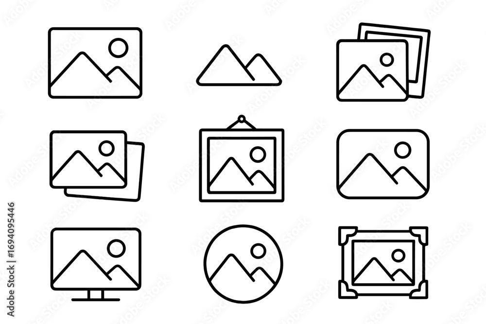 Poster picture line icon set. photo and image gallery symbols. outline vector illustration for graphic and 