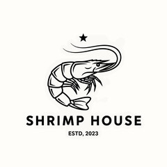 Obraz premium A stylized black and white logo design featuring a shrimp illustration and text.