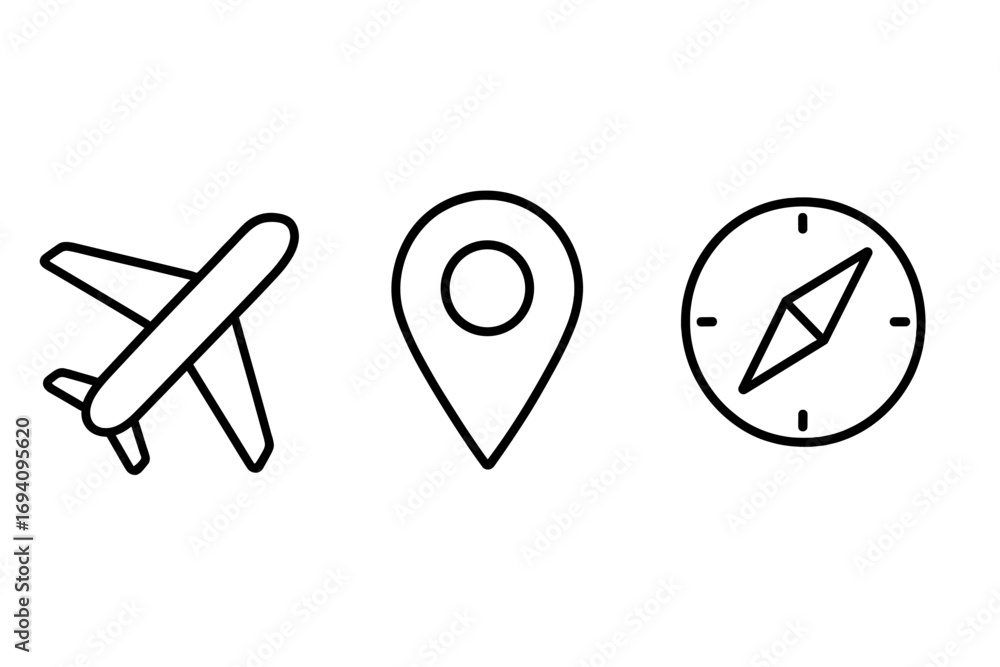 Poster travel and navigation icon set. plane, map pin, and compass symbols. simple outline style for web, a