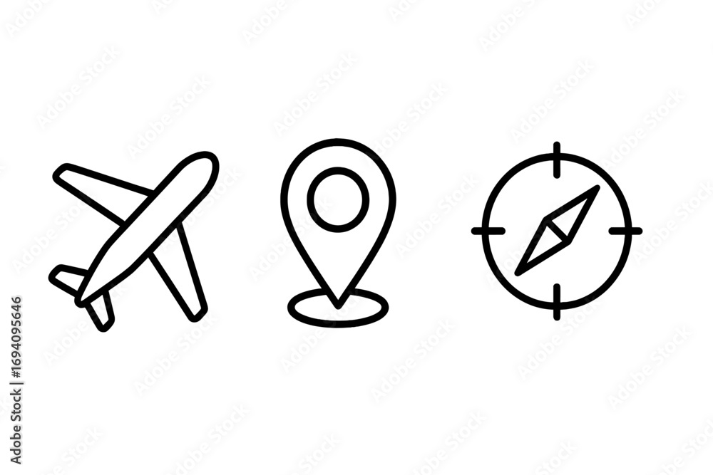 Poster travel and navigation thin line icon set with plane, map pin, and compass outline symbols. vector ic