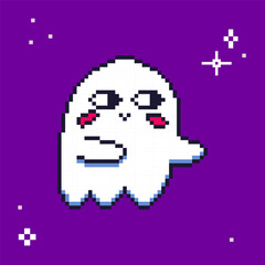 Obraz premium Cute pixel art smiling ghost on purple background. Retro video game style vector illustration for Halloween merchandise, spooky decorations, and nostalgic designs.