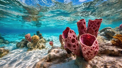 Vibrant pink sea sponges in a shallow coral reef.