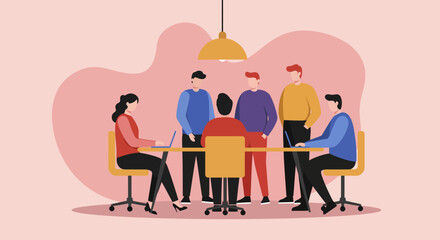 Business team collaborating in a modern office meeting, discussing projects with laptops. Represents teamwork, strategy, and corporate success.