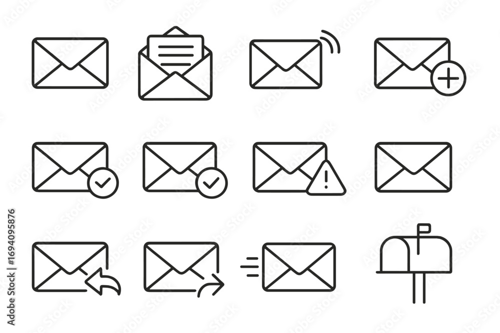 Poster mail and email line icon set. envelope, message, send, and notification symbols. vector outline sign