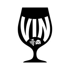 Black and white graphic illustration of a wine glass filled with the word "VIN", grapes, and cheese.