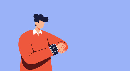 Stylized person checks heart rate on a smartwatch, illustrating modern health monitoring, digital wellness, and fitness tracking technology concepts.