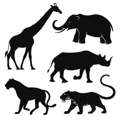 Black animal silhouettes giraffe elephant rhino tiger panther