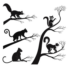 Black animal silhouettes on tree branches animals cats