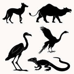 Black animal silhouettes on white camel bird