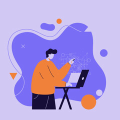 Professional man analyzing complex data and digital networks using a laptop. Ideal for concepts of business innovation, technology, programming, and strategic planning.