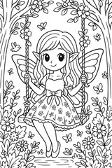 Enchanting fairy with wings on a swing surrounded by flowers coloring page