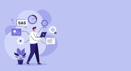 Professional analyzing data and managing business processes on a laptop, surrounded by icons symbolizing insights, efficiency, and software solutions.