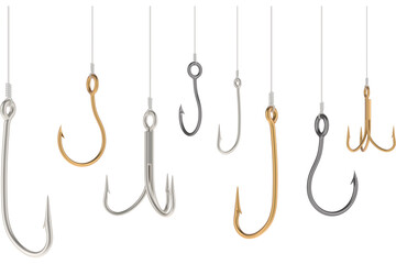 Many Fishing Hooks on fishing lines, transparent background
