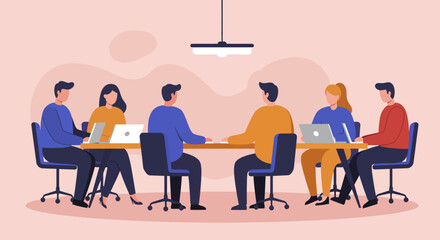 Diverse business team collaborating in a modern office meeting room. Professionals discussing strategy, working on laptops, fostering teamwork and productivity.