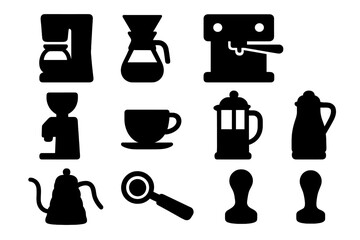 Coffee equipment silhouette icon set. Barista tools for cafe and coffee shop. Vector collection includes espresso machine, grinder, french press, kettle, and pour over maker.