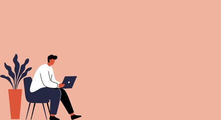 Stylized man working on laptop, symbolizing remote work, online education, and modern digital lifestyle. Perfect for business, productivity, or freelance concepts.