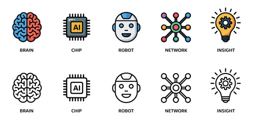core ai concepts icon set with brain, chip, robot, network and insight symbols, vector illustrations for artificial intelligence fundamentals