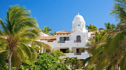 The elegant Art Deco building showcases a white facade with black accents against a vibrant blue sky