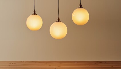 Three Spherical Lamps, Ambient Illumination on Wooden Surface and Plain Wall.