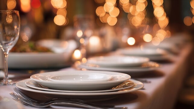 宴会テーブルに並べられたエレガントな皿。温かみのある間接照明と浅い被写界深度が特徴です。